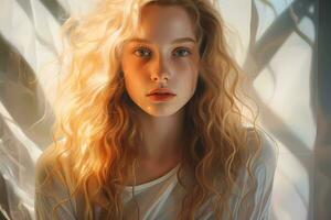 AI Generated A woman looking at camera while relaxed in the light of summer sunbeams photo