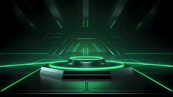 Ai generated Podium with Futuristic Green Neon Lighting Science Stage Background. 3d rendered science technology showcases. photo