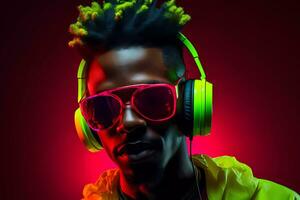 AI Generated Fashionable young african american man in neon outfit. photo