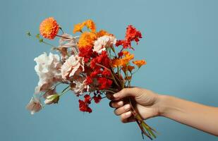 Ai generated hand holding colorful arrangements flowers. Bright and sunny day with simple aesthetic romantic vibes. Perfect for wedding, greeting card, flower card, and more photo