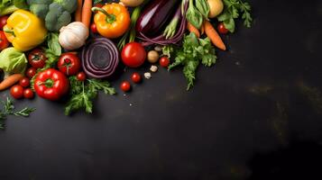 ai generado marco de orgánico alimento. Fresco crudo vegetales en negro antecedentes. parte superior vista. Copiar espacio. foto