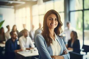 AI Generated Portrait of successful business woman in a busy modern workplace, standing in front of team, smiling at camera. photo