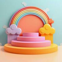 Ai generated rendering podium kid style, colorful background, clouds and weather with empty space for kids or baby product. bright colors. photo