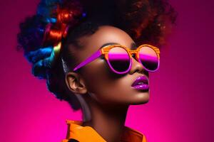 AI Generated Fashionable young african american woman in neon outfit. Female model wearing sunglasses. Studio portrait photo