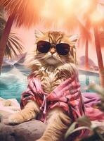 ai generado de cerca retrato de linda gato con mangas en toalla con Gafas de sol en foto de tropical jardín.