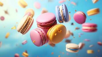 Ai generated Various types of macaroons cookies, french cakes in motion, fall or fly in motion, with particles and crumbs. Cookies falls mixed with crumbs photo