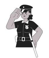 Detective police officer african american woman black and white 2D cartoon character. Black cop policewoman isolated vector outline person. Constable saluting monochromatic flat spot illustration