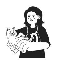 Stethoscope veterinarian female arab black and white 2D cartoon character. Middle eastern vet woman cuddling cat isolated vector outline person. Animal checkup monochromatic flat spot illustration