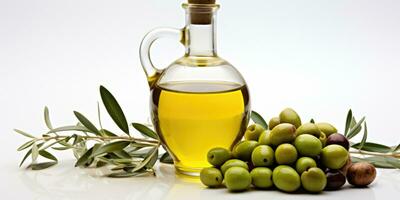 Isolated white background with premium olive oil bottle and tasty green olives, AI Generative photo