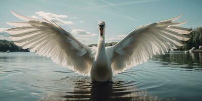 a Shining white feathered swan sitting on a green lake, AI Generative photo