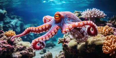 beautiful giant octopus around beautiful colorful coral AI Generative photo