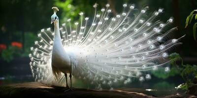 A beautiful white peacock showing off its beautiful feathers, AI Generative photo