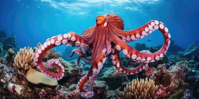 beautiful giant octopus around beautiful colorful coral AI Generative photo