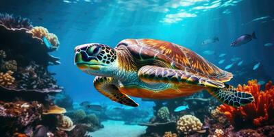 beautiful sea turtle around very beautiful coral reef AI Generative photo