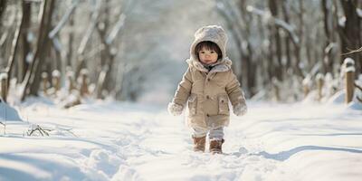 un gordito bebé niña caminando en el nieve, ai generativo foto