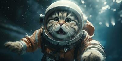 a cute cat in an astronaut suit is flying in the moon, AI Generative photo