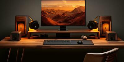 minimalist work space computer with very luxurious wooden components, AI Generative photo
