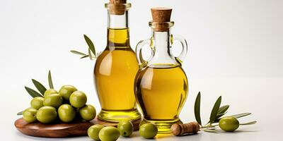 Isolated white background with premium olive oil bottle and tasty green olives, AI Generative photo