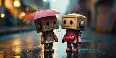 Robots in love in cyberspace city in a rain Generative AI photo