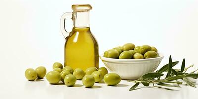 Isolated white background with premium olive oil bottle and tasty green olives, AI Generative photo