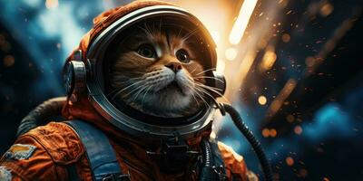 a cute cat in an astronaut suit is flying in the moon, AI Generative photo
