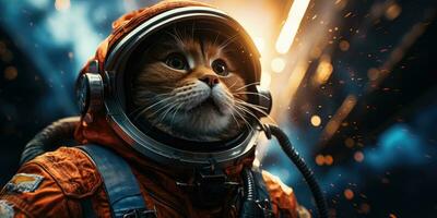 un linda gato en un astronauta traje es volador en el luna, ai generativo foto