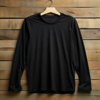 plain black t-shirt mockup with a hanger hanging on a wooden background, AI Generative photo