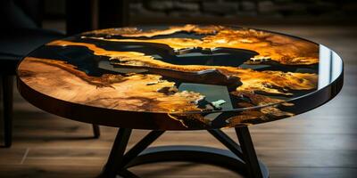 Luxury desk with epoxy resin and varnish Round tree slab with black epoxy river Wooden background hi, AI Generative photo