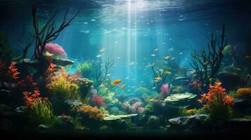 un Exquisito agua bohordo presentando un lozano submarino jardín con vibrante acuático plantas, ai generativo foto