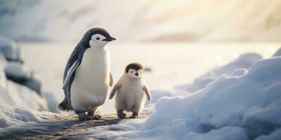 Baby penguin and his mother walking in the snow, AI Generative photo