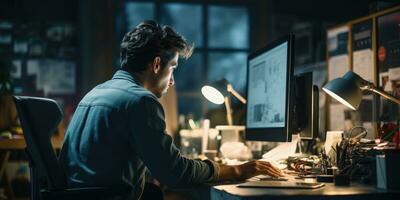 espalda ver retrato de un joven hombre utilizando ordenador portátil a su lugar de trabajo generativo ai foto