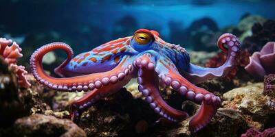 beautiful giant octopus around beautiful colorful coral AI Generative photo