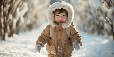 A chubby baby girl walking in the snow, AI Generative photo