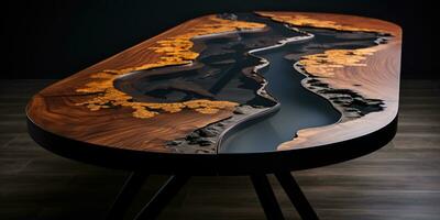 Luxury desk with epoxy resin and varnish Round tree slab with black epoxy river Wooden background hi, AI Generative photo