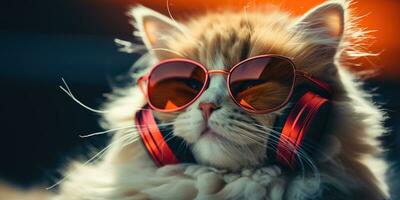 Cool cat in headphones and sunglasses, AI Generative photo