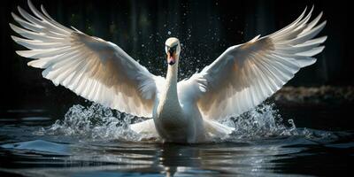 a Shining white feathered swan sitting on a green lake, AI Generative photo