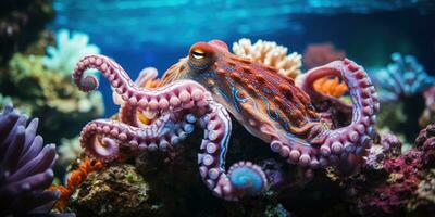 beautiful giant octopus around beautiful colorful coral AI Generative photo