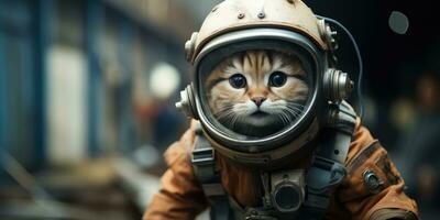 un linda gato en un astronauta traje es volador en el luna, ai generativo foto