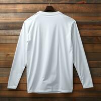 A view from back Luxurious plain white oversize t-shirt mockup with a hanger hanging on a wooden background, AI Generative photo