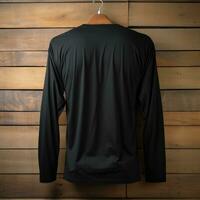 A view from back Luxurious plain black oversize t-shirt mockup with a hanger hanging on a wooden background, AI Generative photo