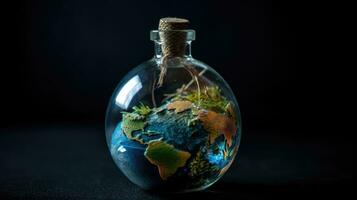 a unique miniature earth in a bottle, AI Generative photo