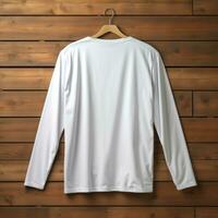 A view from back Luxurious plain white oversize t-shirt mockup with a hanger hanging on a wooden background, AI Generative photo