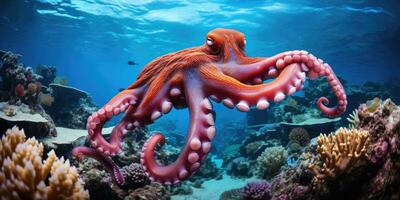 beautiful giant octopus around beautiful colorful coral AI Generative photo