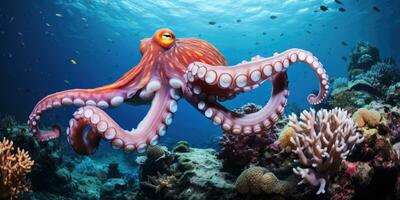 beautiful giant octopus around beautiful colorful coral AI Generative photo