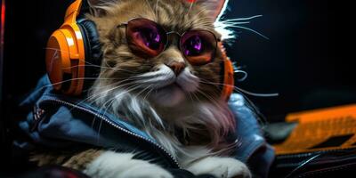 frio gato en auriculares y Gafas de sol, ai generativo foto