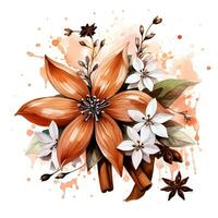 Watercolor illustration. Kitchen spices. Cinnamon sprigs and flowers.ai generated photo