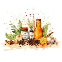 Watercolor illustration. Kitchen composition with spices and seasonings.ai generated photo