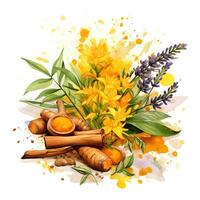 Watercolor illustration. Kitchen spices. Twigs and flowers turmeric.ai generated photo