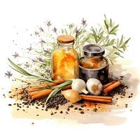 Watercolor illustration. Kitchen spices. Cumin sprigs and caraway flowers.ai generated photo