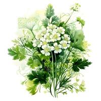 Watercolor illustration of Spices. bunch of parsley with parsley flowers.ai generated photo